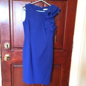Classy cobalt blue sheath dress with ruffle detail